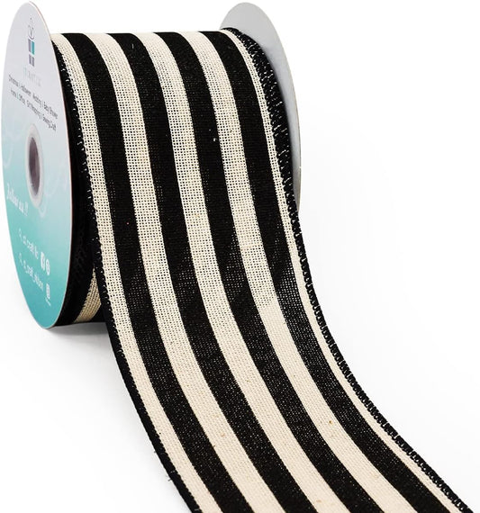 CT CRAFT LLC Striped Canvas Cotton Ribbon 2.5" x 10 Yards Ivory/Black Stripes for Thanksgiving Christmas Home Décor Gift Wrapping Outdoor Tree Topper Bow Wreath