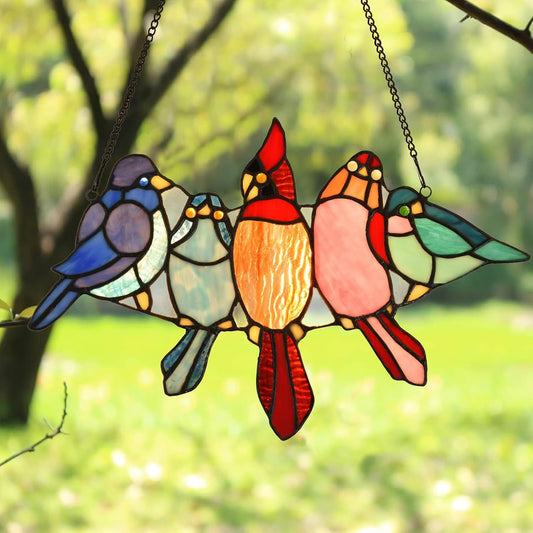 PA0011 Tropical Birds on The Wire Stained Glass Window Panel Tiffany Style Hangings Suncacher with Chain, 12X7.6 Inches, Art Glass Decoration for Window Wall Garden