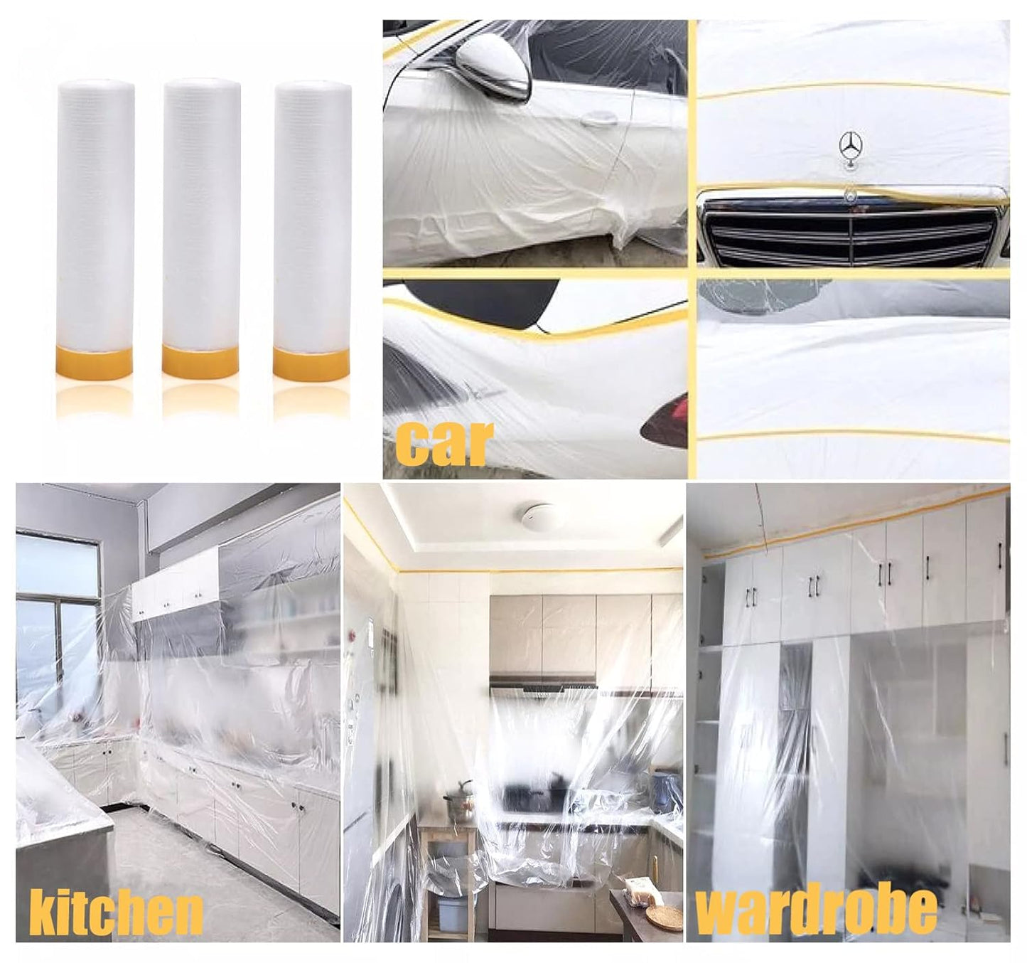 Painters Plastic with Tape, Pre-Taped Masking Film, Automotive Best Tape and Drape, Paint Adhesive Protective Film Roll for Covering Skirting, Frames, Cars and Auto Body (5 X 65-Feet) (1)