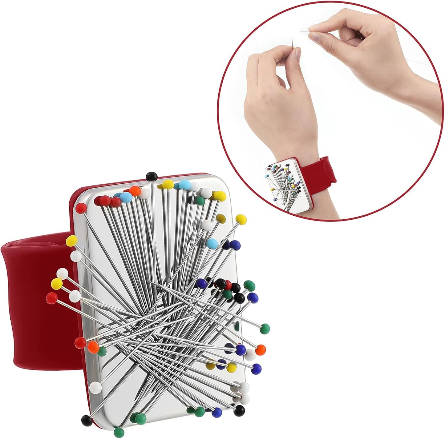 Magnetic Wrist Sewing Pincushion with 100 Pieces 1.5 Inch Ball Head Sewing Pins Set Wrist Magnetic Pin Holder Gift Supplies(Red)