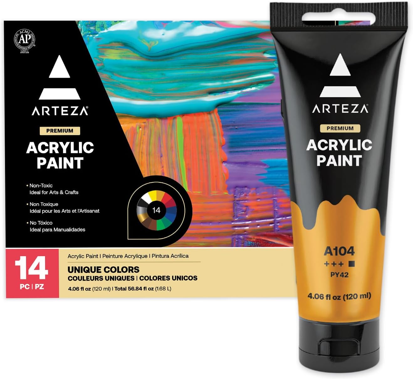 ARTEZA Acrylic Paint Set of 14 Colors, 4.06 Ounce Tubes, Non-Toxic Acrylic Artist Paints. Art Supplies for Painting