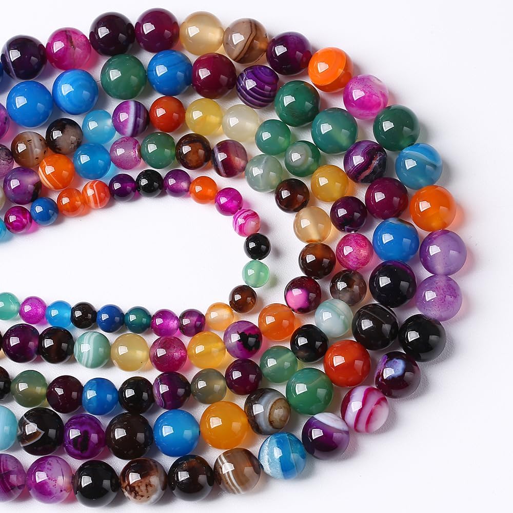 60pcs 6mm Natural Multicolor Stripe Agate Beads for Jewelry Making Natural Stone Energy Healing Beads DIY Bracelet Necklace 15" (6mm, Multicolor Stripe Agate)