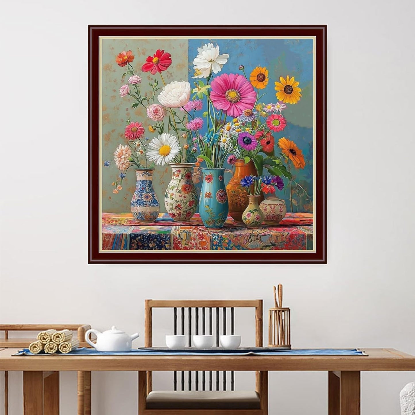 Dimensean Stamped Cross Stitch Kits Full Range of Embroidery Patterns Starter Kits for Beginners Adult or Kids DIY Cross Stitches Needlepoint Kits 11CT-Colorful Flowers on The Table 18x18 inch