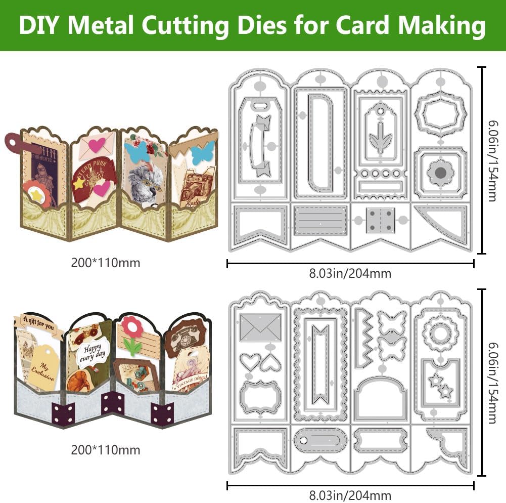 2PCS Folding Greeting Card Cutting Dies Metal Die Cuts for Card Making Label Embossing Template Dies Folding Frame Background Die Cuts Paper Craft DIY Template for Birthday Album Gift Decor