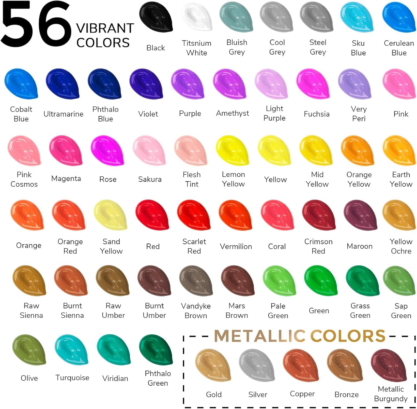 ABEIER Acrylic Paint Set, 56 Colors (2oz/60ml), Matte Finish, Waterproof, Rich Pigments, Non-Toxic Paints for Painting on Canvas Crafts Wood Ceramic, Fabric Ideal for Beginners and Students