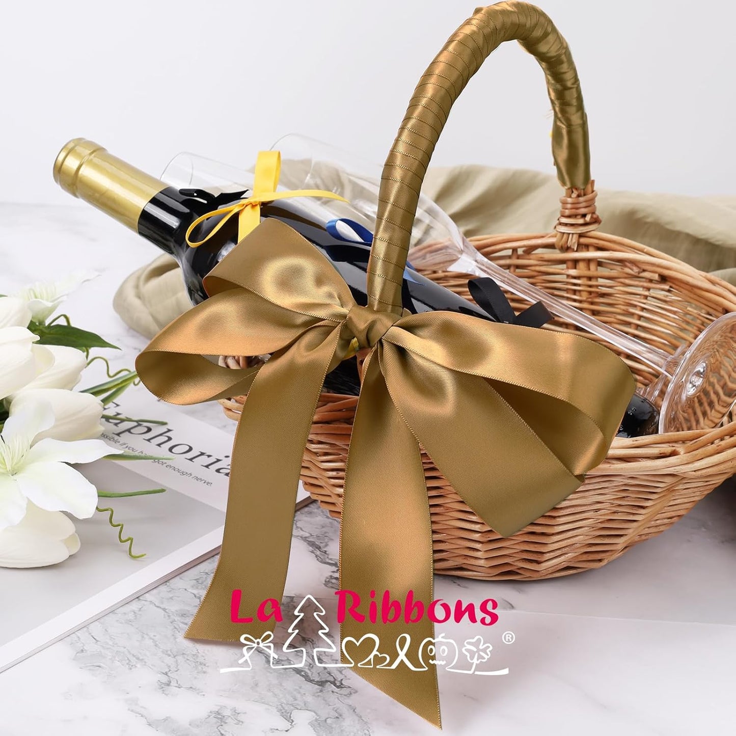 LaRibbons 1 1/2 Inch 50 Yard Double Faced Satin Ribbon,Pale Gold Satin Craft Fabric Ribbon for Gift Wrapping Floral Bouquets Wedding Party Decoration