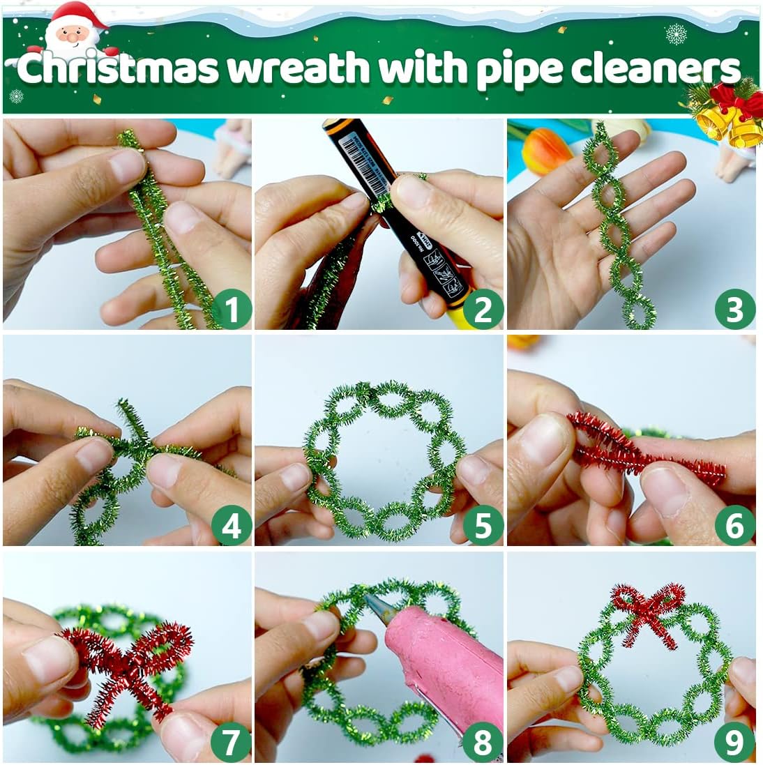 Iooleem 200pcs Green Glitter Pipe Cleaners, Glitter Chenille Stems, Pipe Cleaners for Crafts, Pipe Cleaner Crafts, Art and Craft Supplies, Christmas Pipe Cleaners.