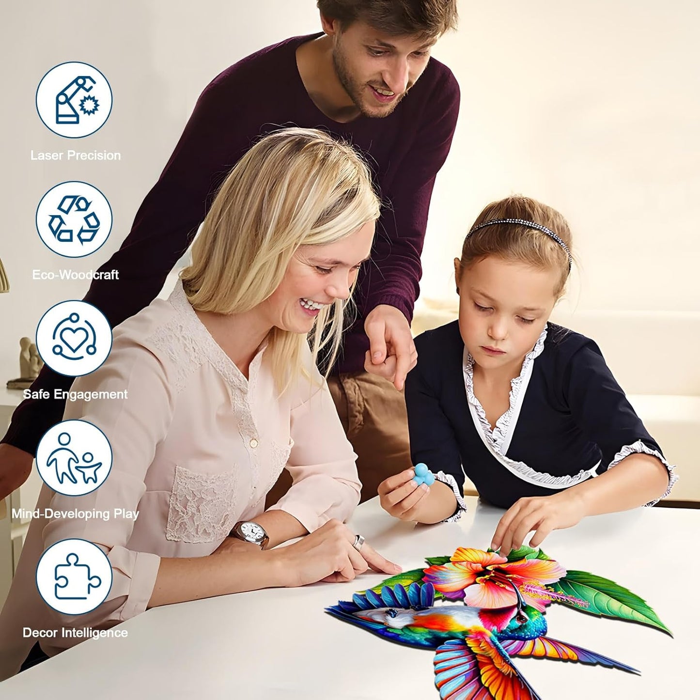 Wooden Jigsaw Puzzles for Adults and Kids, Hummingbird Blossom 200 Piece Unique Shaped Puzzle, Family Game and Creative Wooden Puzzle Gift, Wall Art Decor