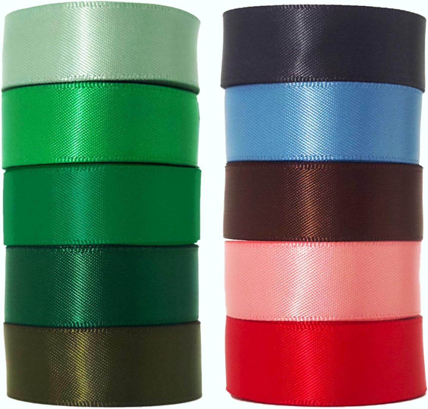 Assorted Green Satin Ribbon 1 Inch Set, 50 Yards Double Faced Pack, Into The Forest 10 Colored Ribbon Bulk for Gift Wrapping, Crafts, Flower Bouquet, Eco Environment, Earthy Day, Forest Wedding