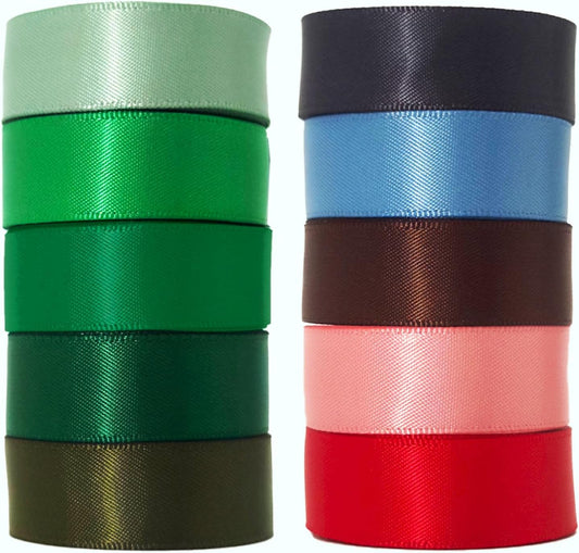 Assorted Green Satin Ribbon 1 Inch Set, 50 Yards Double Faced Pack, Into The Forest 10 Colored Ribbon Bulk for Gift Wrapping, Crafts, Flower Bouquet, Eco Environment, Earthy Day, Forest Wedding