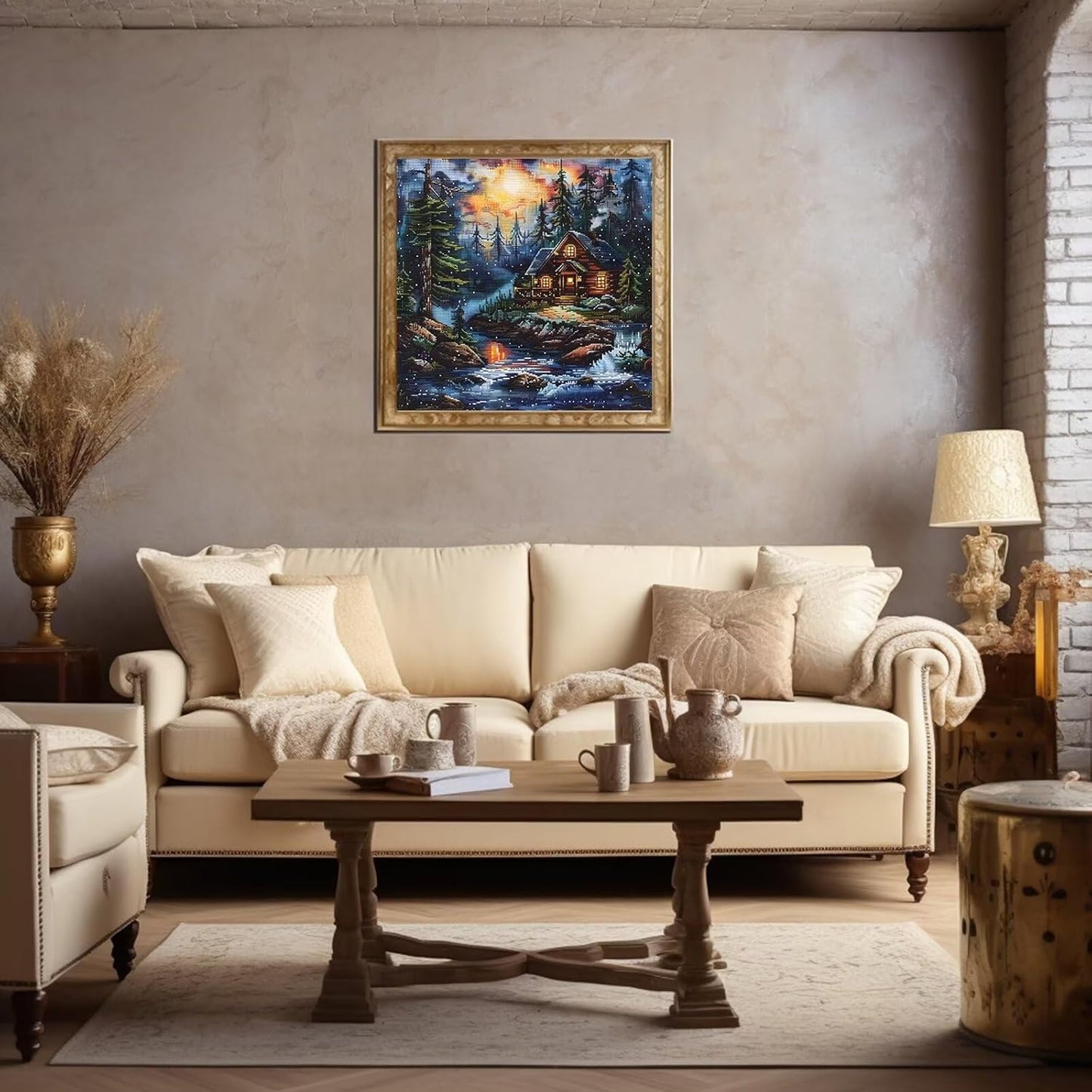 Xinpinzhou Creek Landscape 11ct Cross Stitch Kits, 11 CT Funny Pre Printed Counted Stamped Cross Stitch Embroidery Needlepoint Needlework Patterns Kits for Beginners Adults Crossstitch 40x40 cm