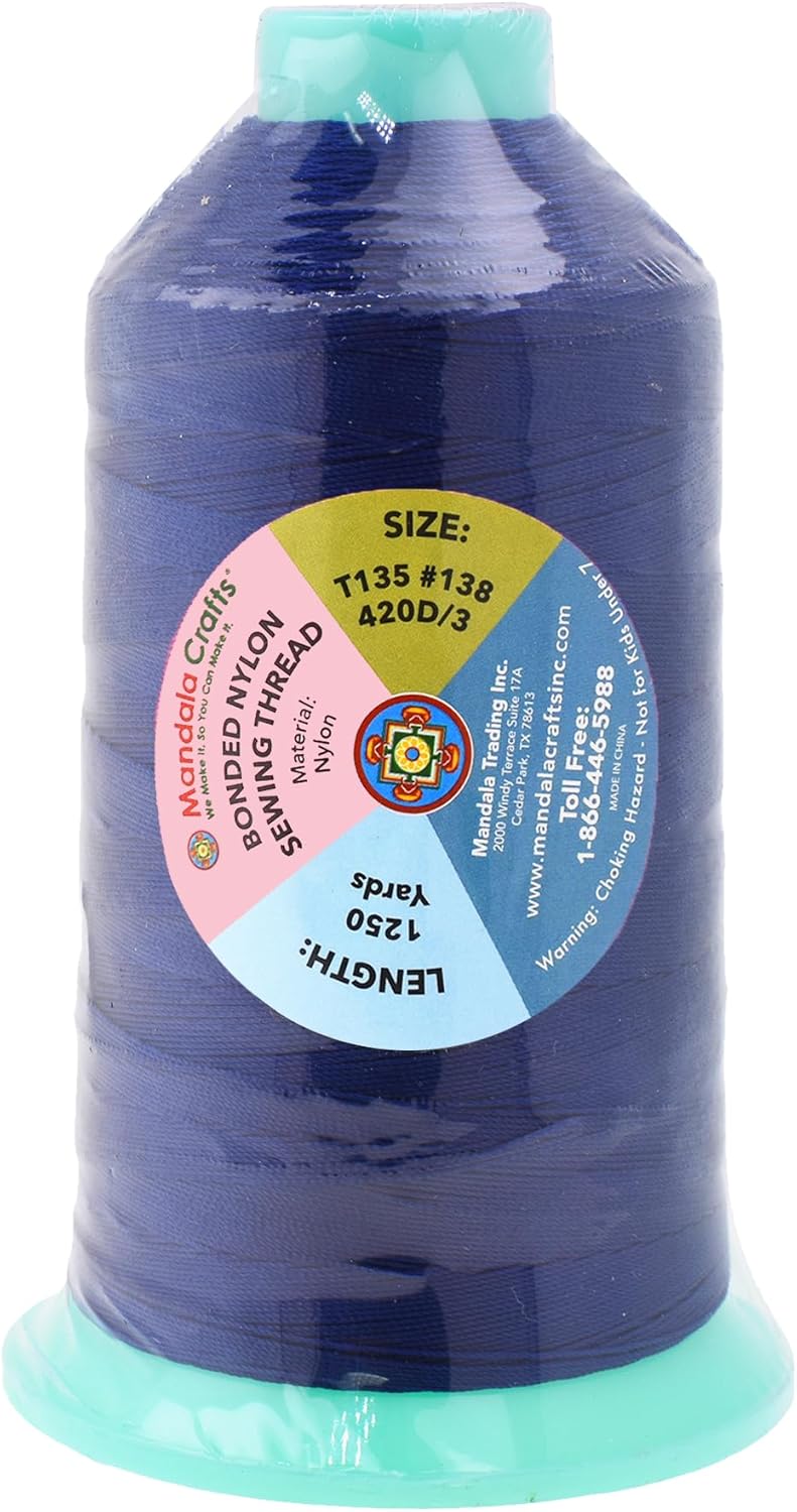 Mandala Crafts Bonded Nylon Thread Dark Blue Heavy Duty Sewing Threads - 1250 YDs Size 138 420D T135 Tex 135 Thread for Leather Jeans Weaving Outdoor Marine Upholstery Threads