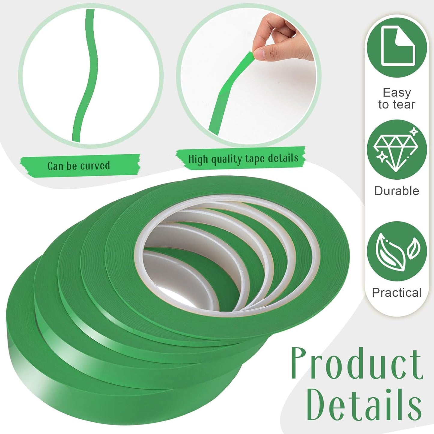 Xuniea 5 Rolls of Vinyl Tape Masking Tape Automotive Car Auto Paint for Curves, High Temperature Vinyl Low Tack(1/16 Inch, 1/8 Inch, 1/4 Inch, 1/2 Inch, 3/4 Inch,Green)
