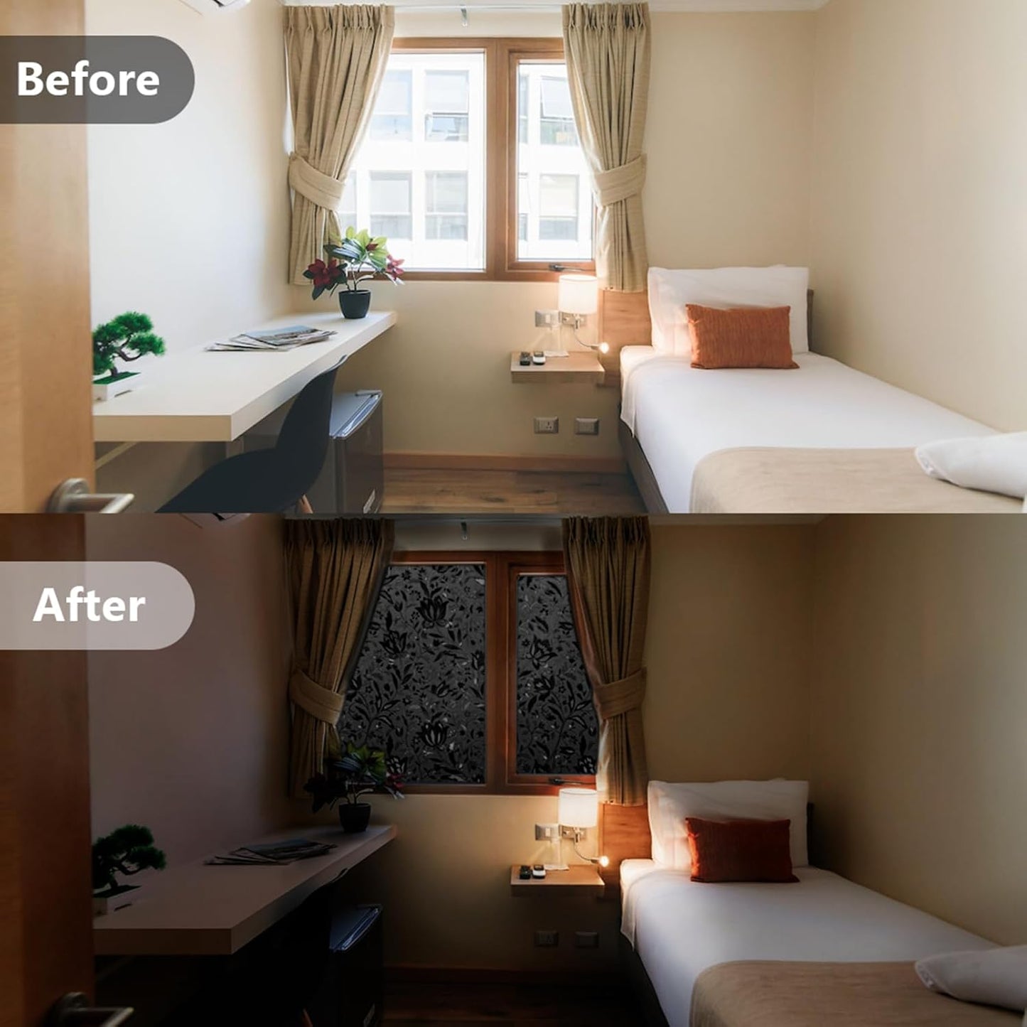 LEMON CLOUD Total Blackout Window Film Privacy Static Cling Frosted Black Window Covering 100% Opaque Film Tint Darkening Removable Film for High Privacy，(Blackout Tulip Design,29.5 x78.7 inches)