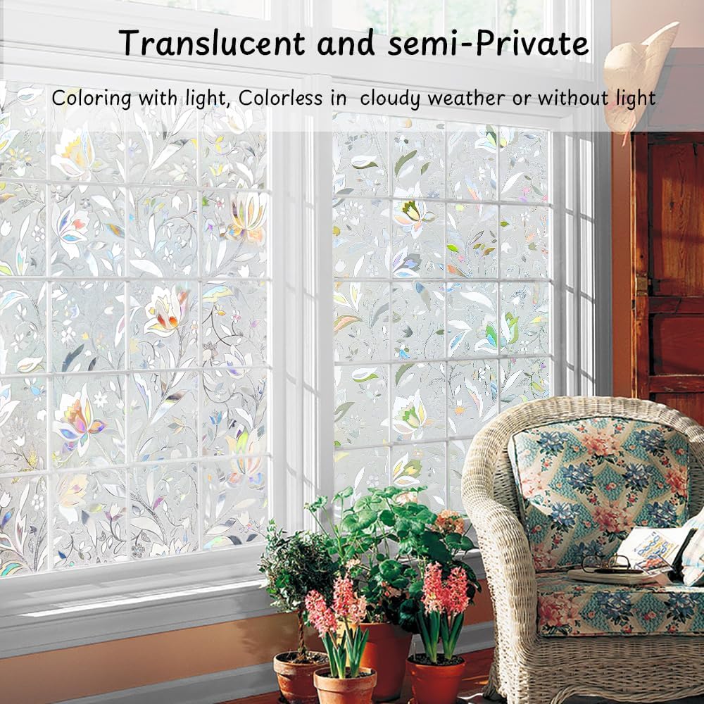 NINETREX Window Privacy Film,3D Stained Glass Window Film,Decorative Window Covering Sun Blocking Vinyl Static Cling Anti-UV Heat Control for Home Decor,Tulip 35.4 x 78.7inch