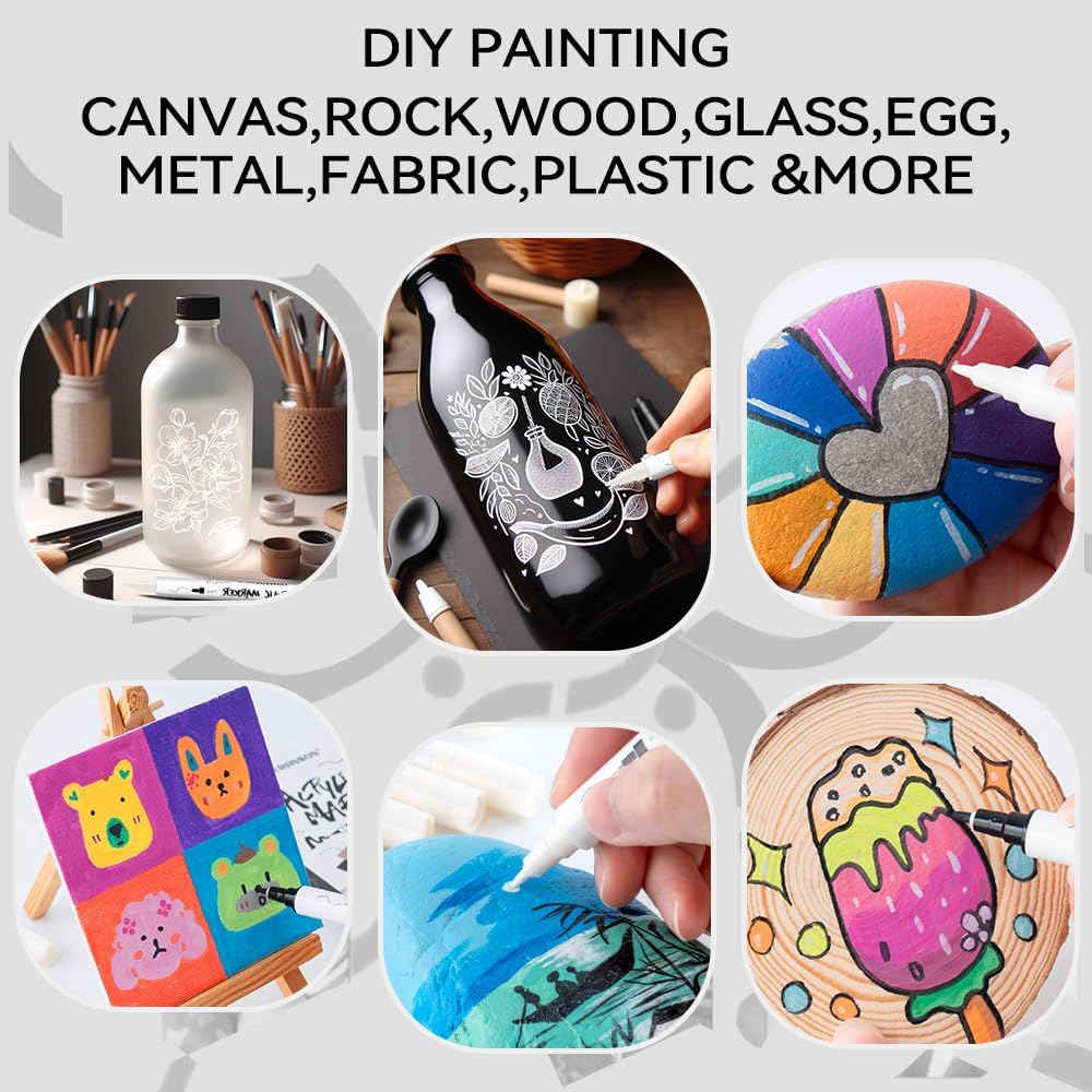 TRANSON 6 Black and 2 White Paint Markers Brush and Fine Dual-tip Acrylic Paint Marker for Rock Glass Canvas Wood Leather Ceramic DIY Painting