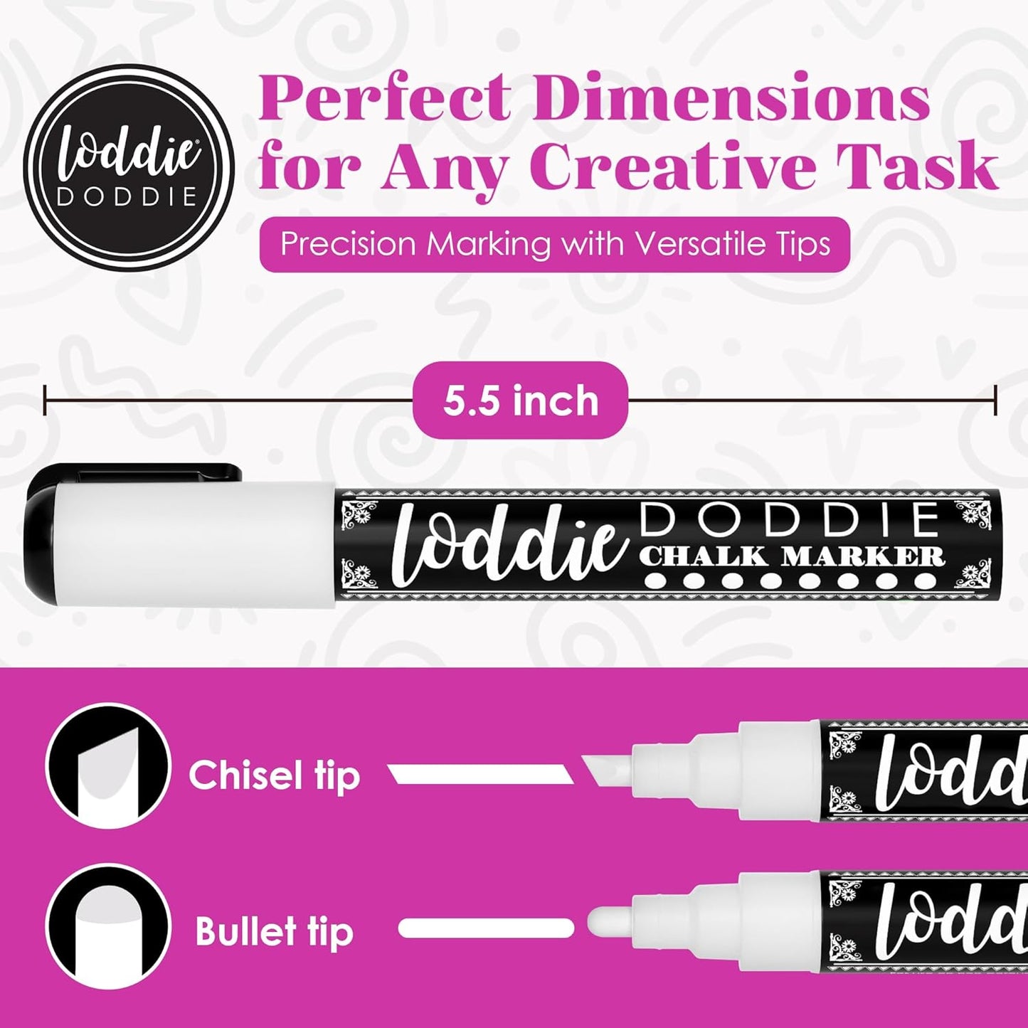 Loddie Doddie Liquid Chalk Markers - Pack of 4, White, 6mm Tip - Versatile on Glass & Mirrors with Glass Markers - Dual Bullet & Chisel Tip with Chalk Pens - Non-Toxic Quick Erase with Window Paint