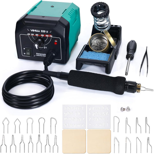 YIHUA 939-II Wood Burning Kit Station Pyrography pen 250~750℃/482~1382℉ Temperature Adjustable with 20 Wire Nibs, 1 stable pen holder, 2 stencils, 2 scrap wood, 1 S/S Tweezers, and 1 pliers (Green)