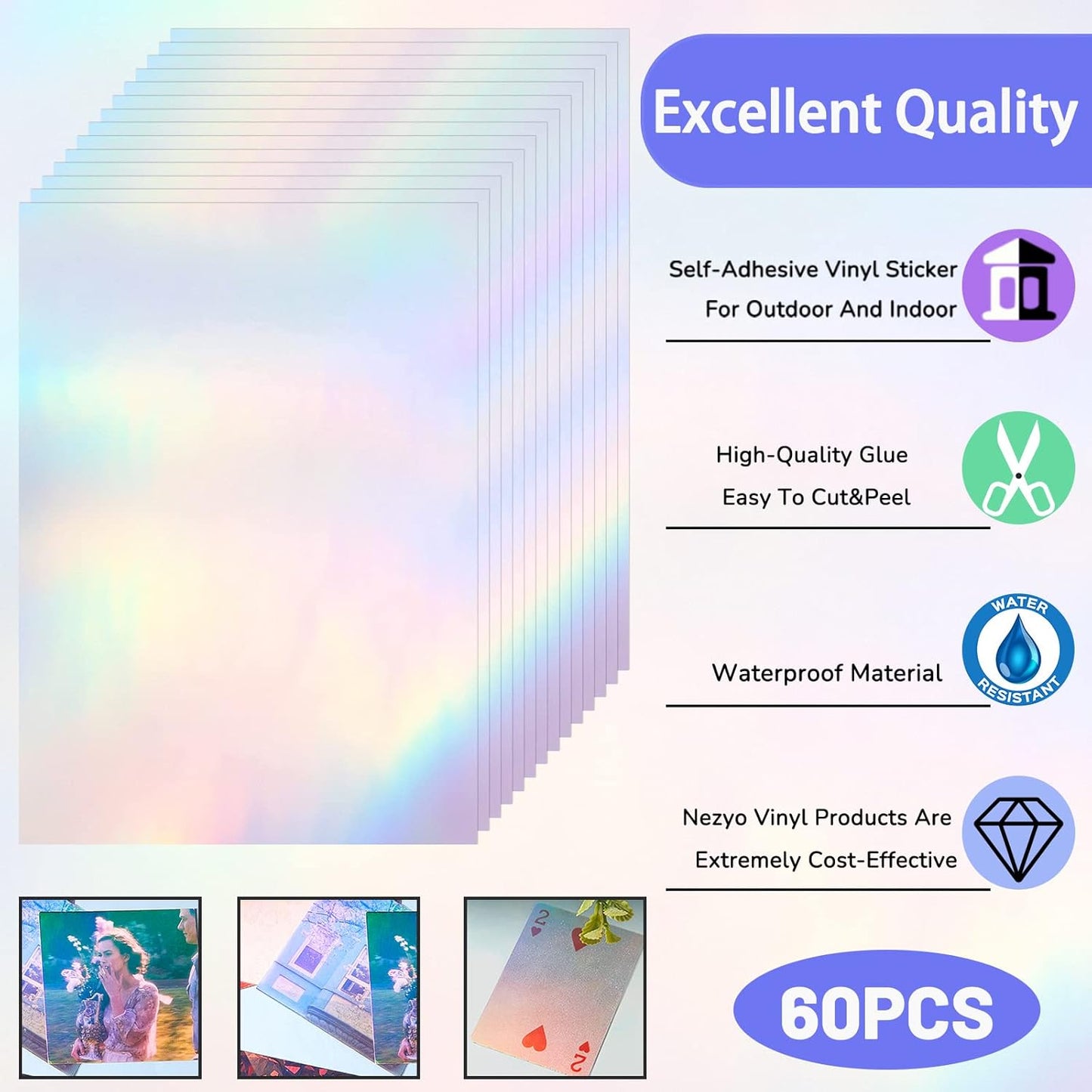 60 Sheets Holographic Laminate Sheets Clear Glitter A4 Size Vinyl Sticker Paper Holographic Overlay Self Adhesive Waterproof Transparent Film, 11.7 x 8.3 Inch (Rainbow)