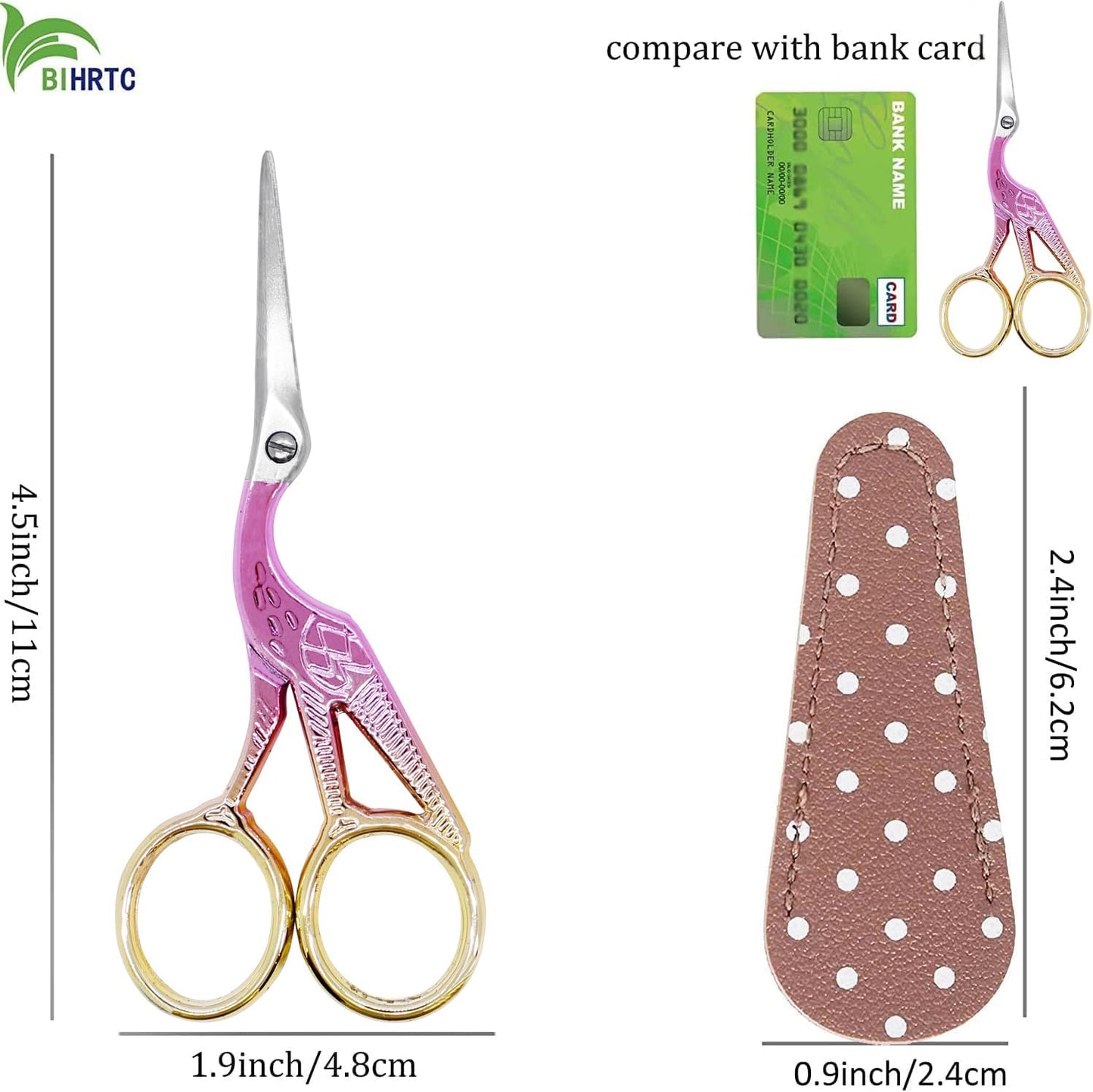 BIHRTC 4.5Inch Stork Stainless Steel Sharp Tip Scissors with Leather Safe Cover Sewing Dressmaker Scissors for Embroidery Craft Needle Work Art Work Handcraft Threading