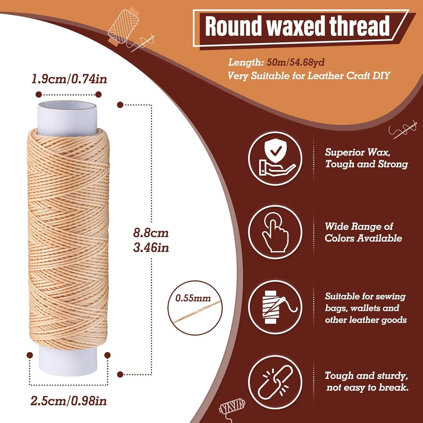 Round Waxed Thread 0.55 mm 54 Yards, Leather Thread Wax String for Sewing, Stitching, Bookbinding, Bracelet, Braiding (Beige)
