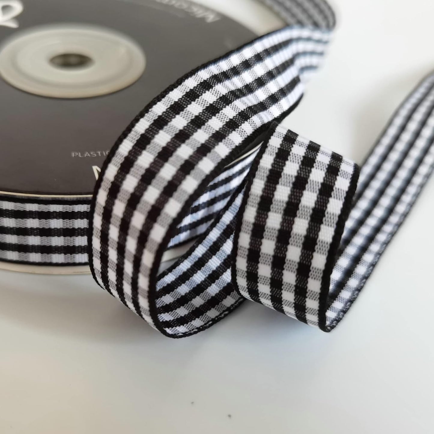 Black and White Wovon Edge Gingham Ribbon 25 Yard Each Roll 100% Polyester (5/8", Black)