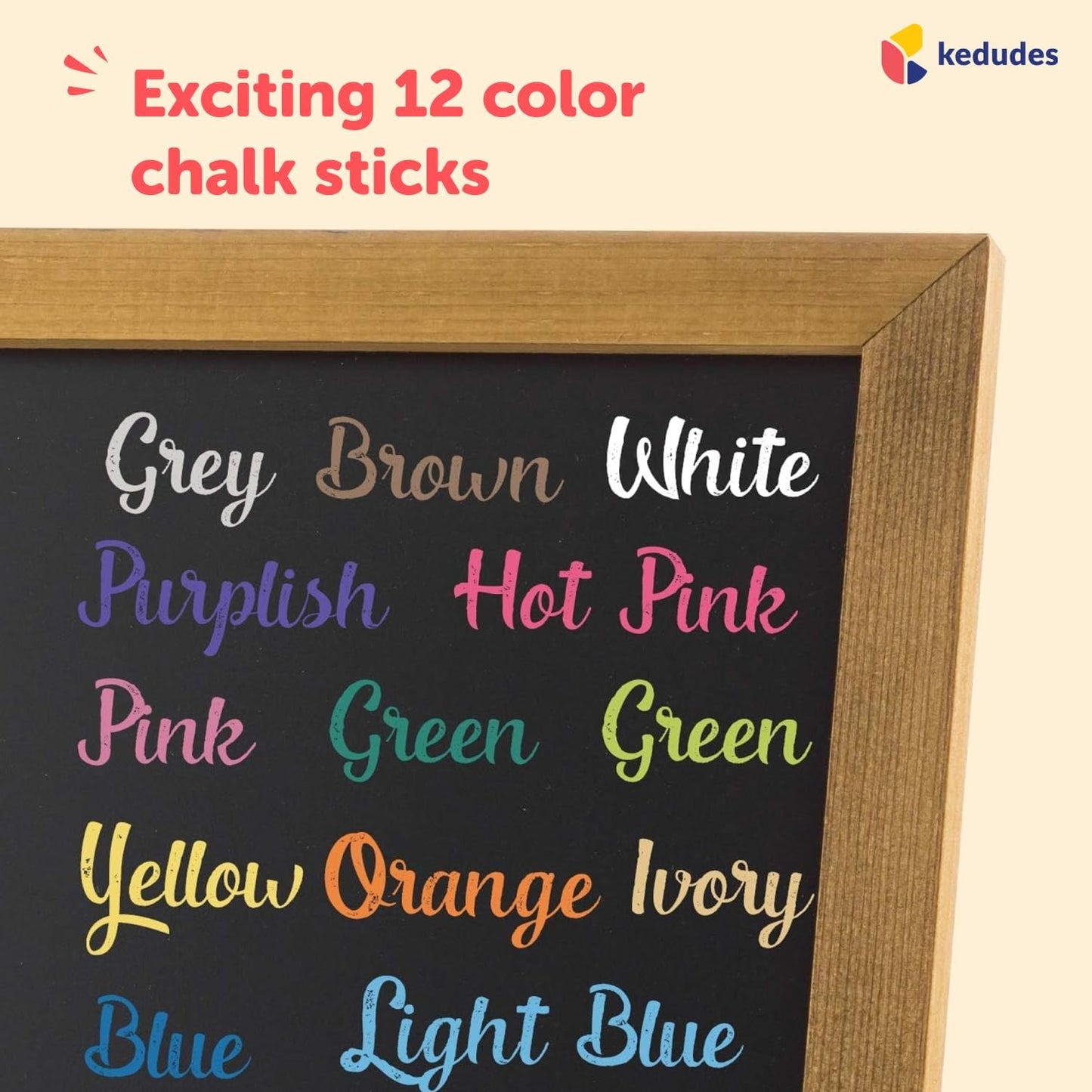 Kedudes Dustless Chalk with Eraser, 24pk - 12 Colored Chalkboard Chalks and 12 White Chalk for Chalkboard and Board Erasers Set - Blackboard Chalks and Eraser with Wooden Handle