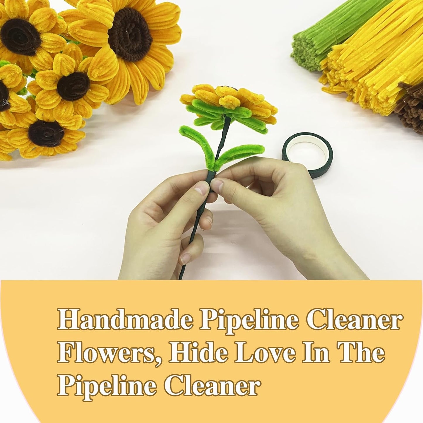 LOLEDE 400Pcs Pipe Cleaners Craft Kit, 3 Colors Chenille Stems for DIY Artificial Flower Making with Floral Wires, Gardening Tape, LED String Lights, Pearl Beads & Ribbon (Yellow)