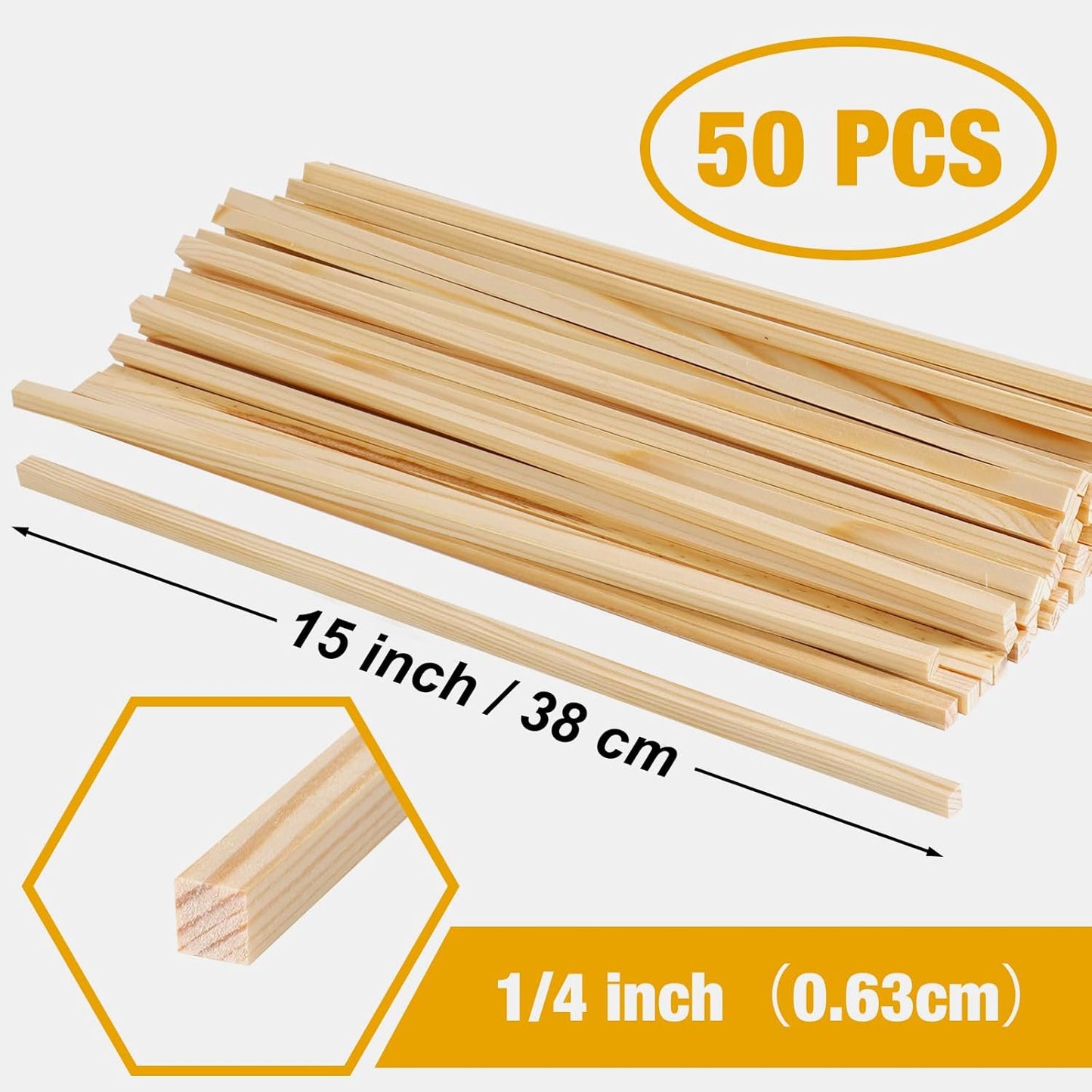 Square Wooden Dowels Wooden Sticks for Crafts 1/4"x 15", 50 PCS Square Wood Dowel Rods for Crafting, Unfinished Pine Hard Wood Sticks for Crafts, Woodworking, Models Making, Dollhouses Miniatures