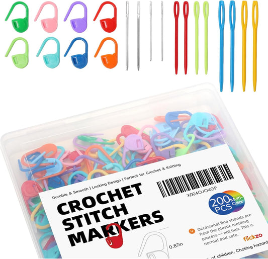 200PCS Crochet Stitch Markers with 12 Needles by Flickzo – Locking Stitch Markers with Clear Case, Colorful Plastic Safety Pins for Knitting & Crochet Accessories Supplies