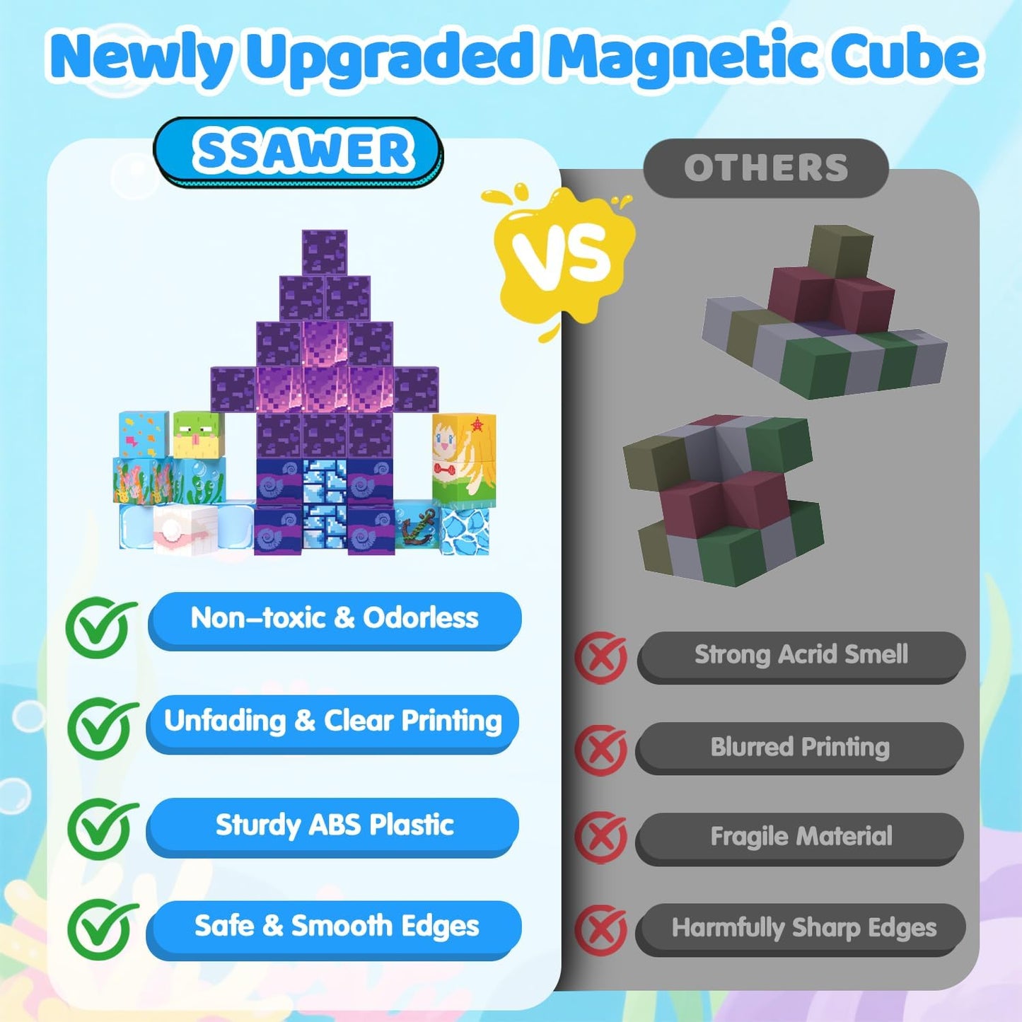 Magnetic Blocks, 100PCS Magnetic Building Blocks, Stacking Magnets for Kids, Sensory Toy for STEM Constructions Magnet Blocks for Boys Girls Age 3+, Christmas Birthday Gifts (Ocean World)