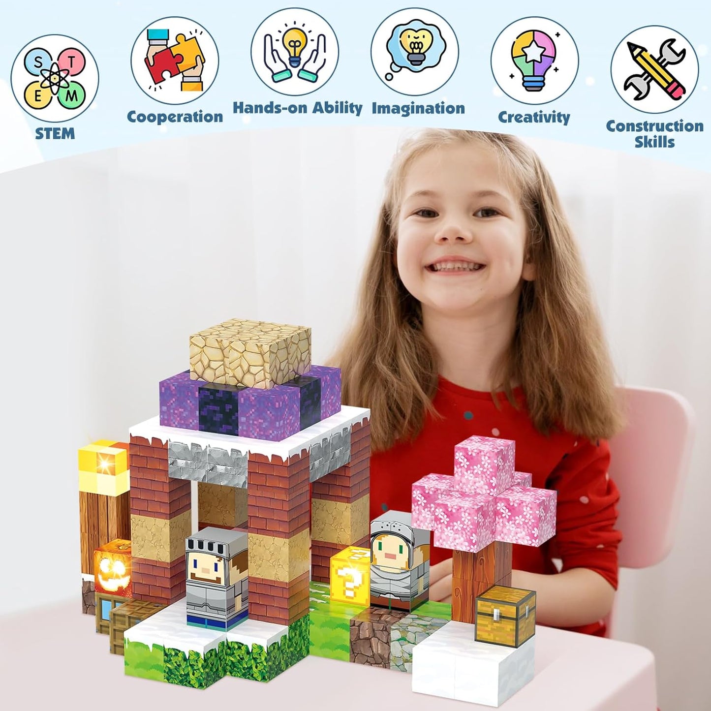 Magnetic Blocks, Magnetic Building Blocks Construction Toys STEM Montessori Sensory Toys, Magnet Cubes with Light Blocks, Stacking Toy Christmas Birthday Gifts for Kids Boys Girls Age 3-4 4-8 8-12