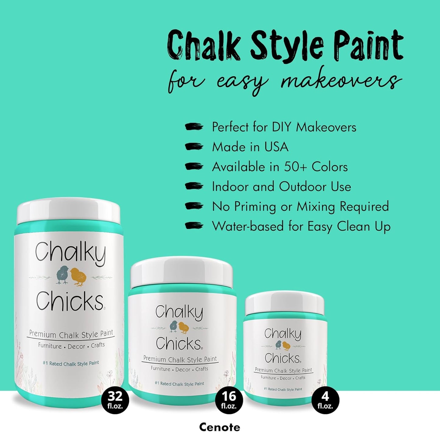 Chalky Chicks All-in-One Chalk Paint for Furniture or Cabinet - 16 Fl Oz - Matte Finish Cenote (Teal Blue) for Metal, Wood Furniture Paint - No Sanding All-in-One for Home Decor & Crafts, USA Made