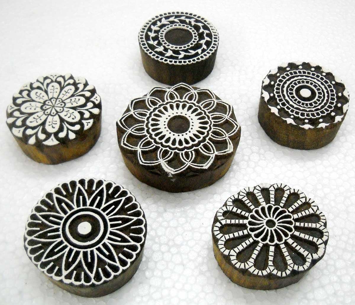 Wholesale (Pack of 6) Round Shaped Floral Designs 100% Handcarved Wooden Block Stamps/Tattoo/Indian Textile Printing Blocks.
