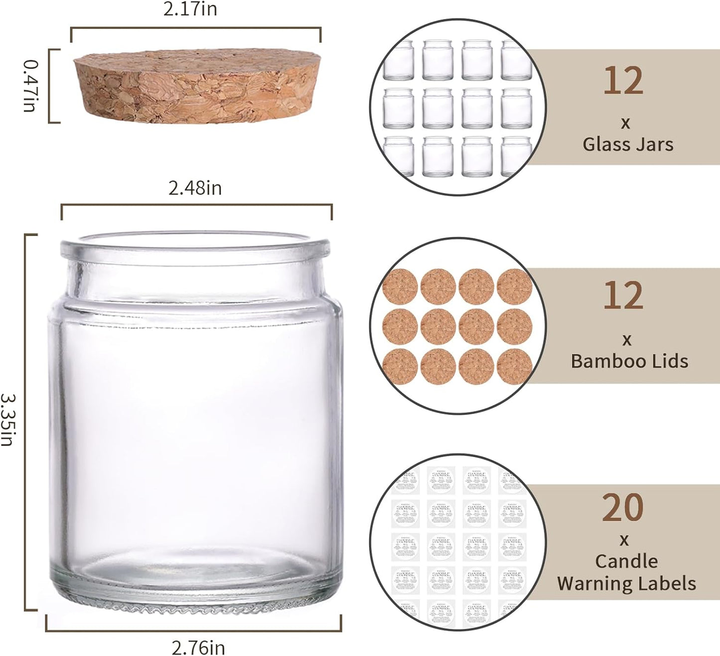 12Pcs Candle Jars for Making Candles, 7.5oz Glass Jars with Wooden Lids and Labels, Candle Containers for DIY, Gifts, Candle Making Supplies, Table Decor