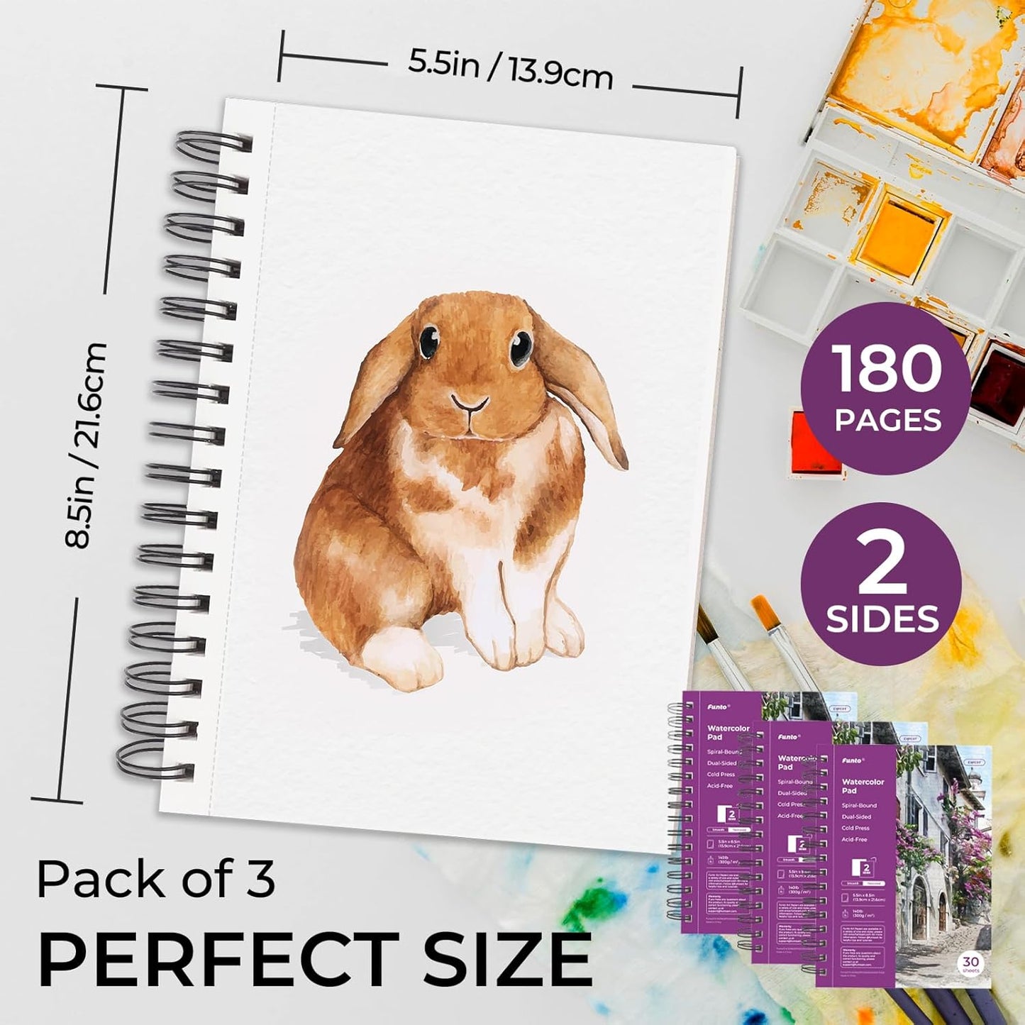 Funto Watercolor Pad 5.5x8.5, 3 Pack, 90 Sheets,140lb/300gsm, Double-Sided, Cold Press, Spiral Bound, Heavyweight Paper for Watercolor Painting