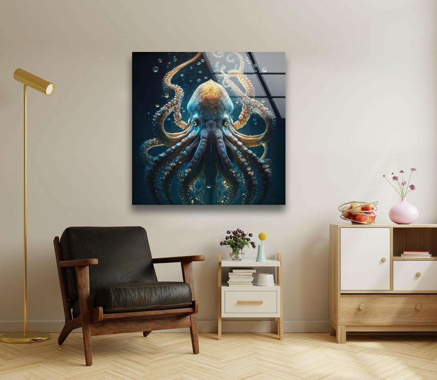 My Photostation.com 14Wx20H'' Underwater Blue Octopus Glass Wall Art Tempered Glass Printing Wall Decor Large Wall Art Wall Hangings
