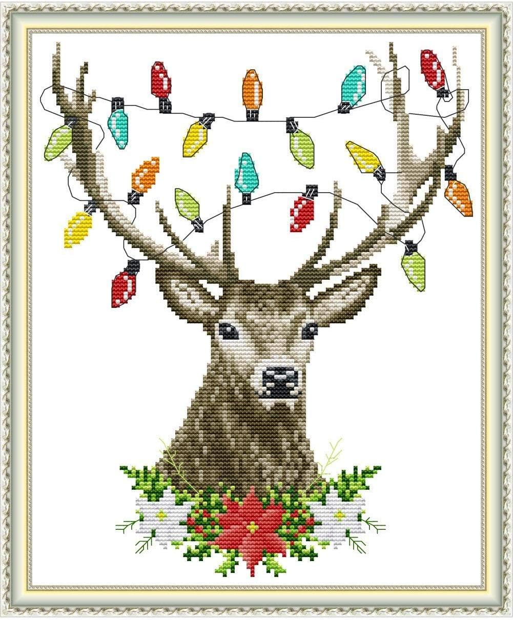 CROSSDECOR Cross Stitch Stamped Kits 11CT 14X16 inch Pre-Printed Cross-Stitching Starter Patterns for Beginner Kids or Adults, Embroidery Needlepoint Kits Christmas Deer