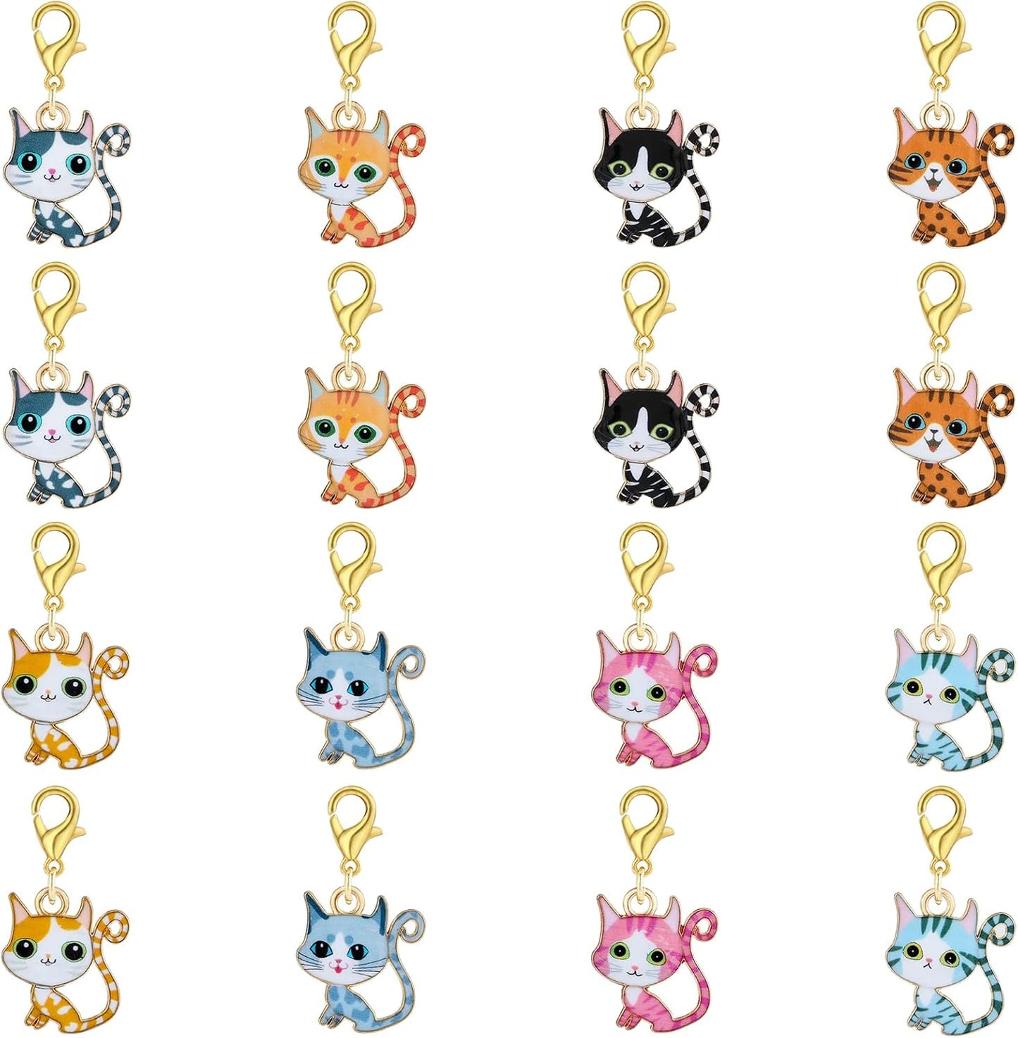 BEEFLYING 16Pcs Cat Stitch Marker Charms for Crocheting and Knitting, 8 Styles Alloy Enemal Crochet Knit Stitch Marker Pendant with Lobster Clasp for Sewing Quilting Handmade Jewelry