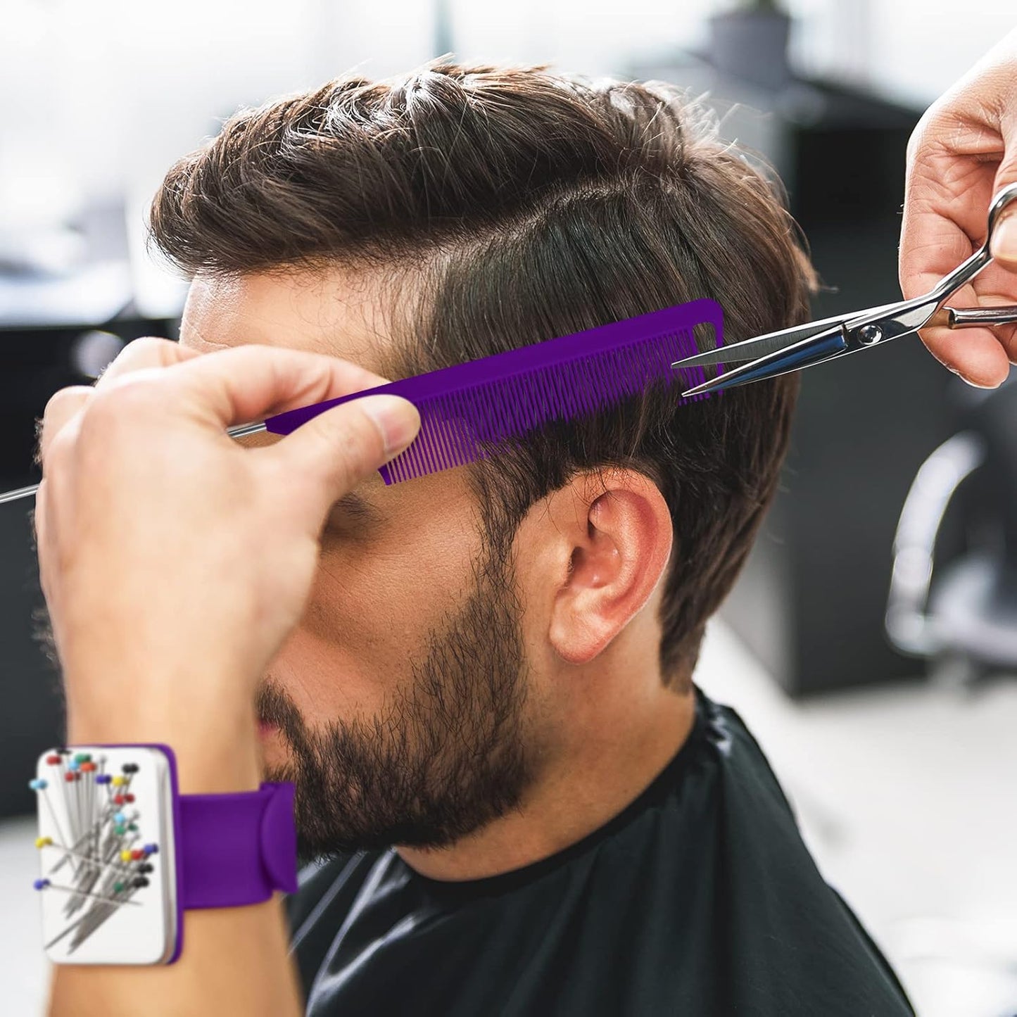 Magnetic Wrist Sewing Pincushion Wrist Magnetic Pin Holder Wristband Pin Cushion Holder with 3 Pieces Stainless Steel Pintail Comb Rat Tail Comb for Hair Clips Sewing, Daily Hand Sewing (Purple)