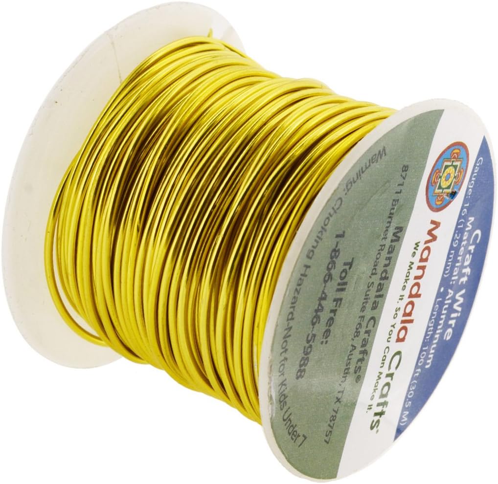 Mandala Crafts 16 Gauge Anodized Aluminum Craft Wire for Jewelry Making - 100 FT Colored Flexible Light Gold Tone Wire - Bendable for Bonsai Armature Crafting Sculpting