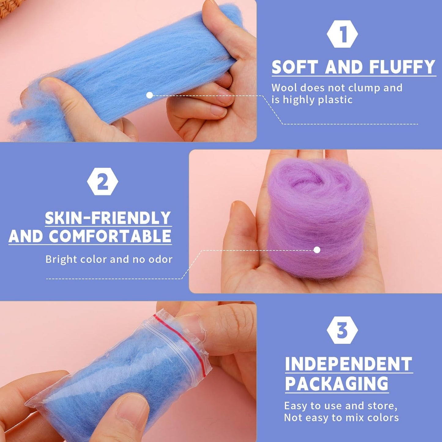 IMZAY 50 Colors 5.4 Oz Needle Felting Wool, 3g/Pack Wool Roving Yarn for Beginners, Fiber Wool Roving for DIY Hand Spinning, Felting Crafts, Needle Felt Roving DIY Craft, Black/White 5g Each