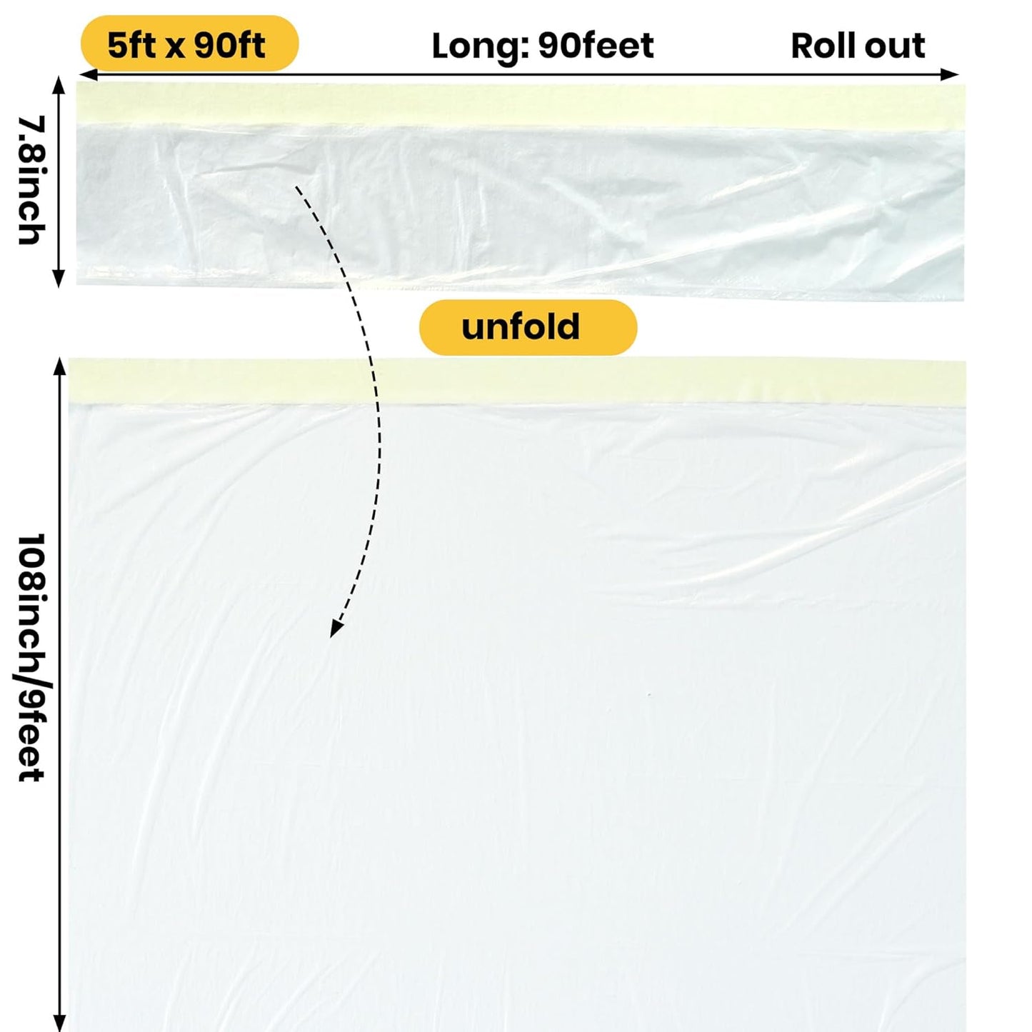 TAPEBEAR Pre-Taped Masking Film 5feet x 90feet(1400mmx 27m), Plastic Cover for Painting, Tape and Drape, Plastic Sheeting for Automotive, Floor, Appliance and Furniture, 3Rolls