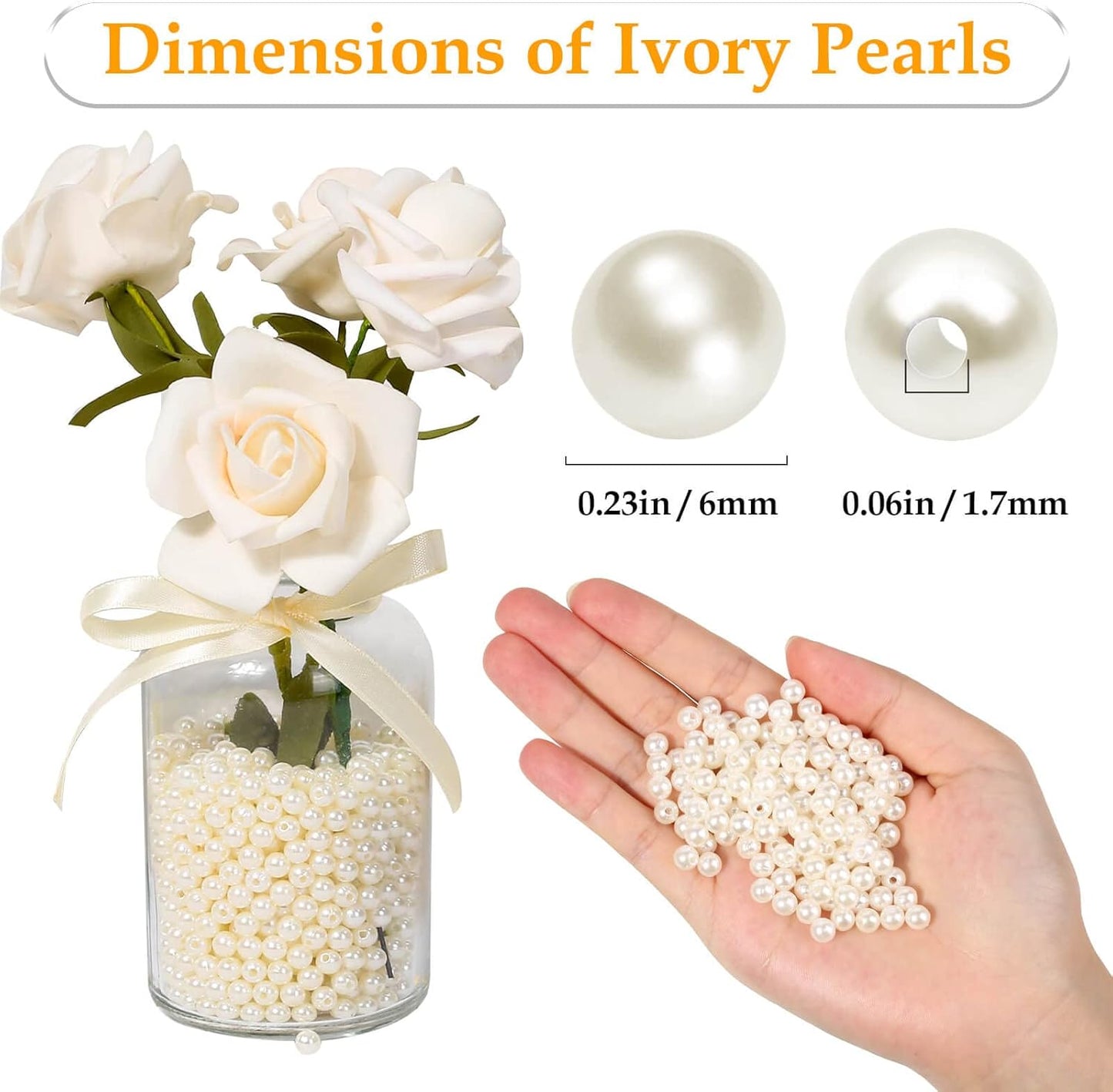 Pearl Beads for Craft, Anezus 1000pcs Ivory Faux Fake Pearls, 6 mm Small Sew on Pearl Beads with holes for Jewelry Making, Bracelets, Necklaces, Hairs, Crafts, Decoration and Vase Filler