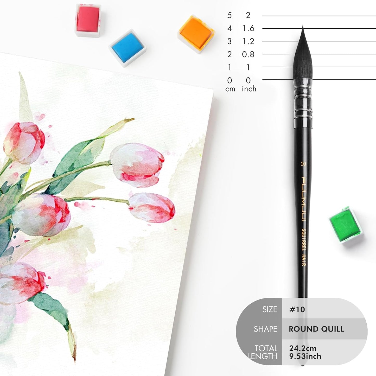 Professional Watercolor Brush, Fuumuui Natural Squirrel Hair Mop Brush, Round Quill Detail Fine Tip Watercolor Paint Brush for Water Color Gouache Ink Painting - Sizes #10