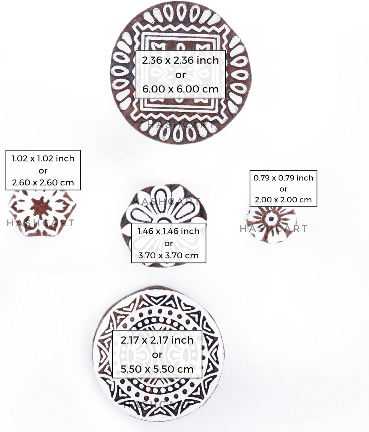 Wooden Stamps for Block Printing on Saree Border, Textile, Clay, Pottery, Tattoo - Indian Textile Printing Blocks | Set of 5 | Hashcart®
