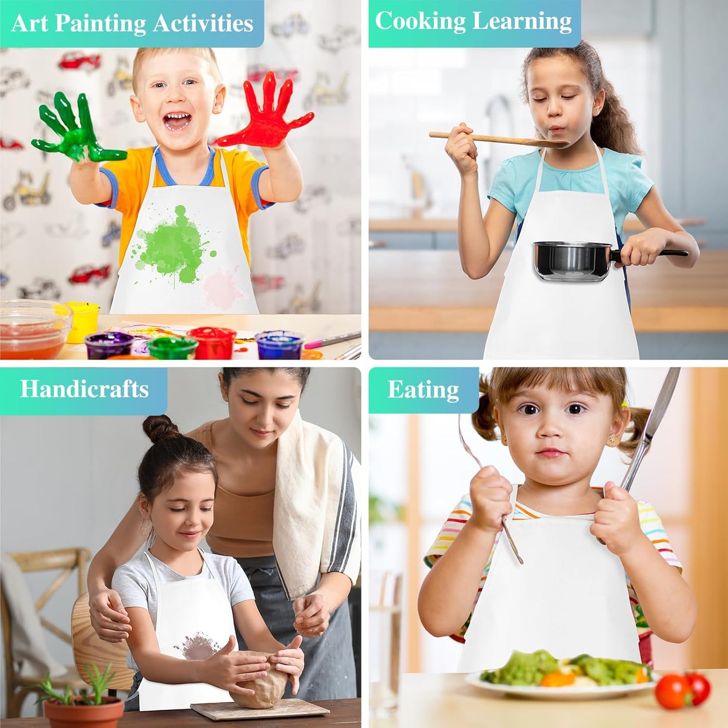 12 Pieces White Kids Painting Aprons Kid Art Apron with 2 Roomy Pockets Kids Aprons for Painting Activity Kitchen Crafts