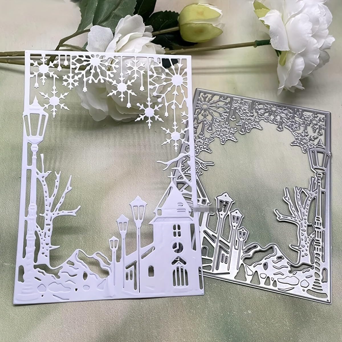 Lapoo Festivals Metal Cutting Die for Scrapbooking - Durable, Cut Stencils for DIY Scrapbook Photo Album Decorative Paper Card, Card Making Supplies, Embossing (Snowflake Street View 3.9 x 5.7 in)