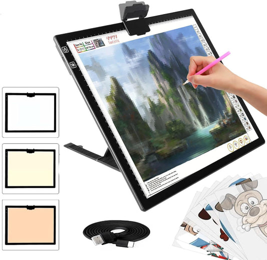Wireless Rechargeable A3 LED Light Pad w/Built-in Foldable Stand, 3 Color Tone, 6 Levels of Brightness, Battery Powered Evenly Illuminated Light Box for Tracing Drawing and Diamond Painting