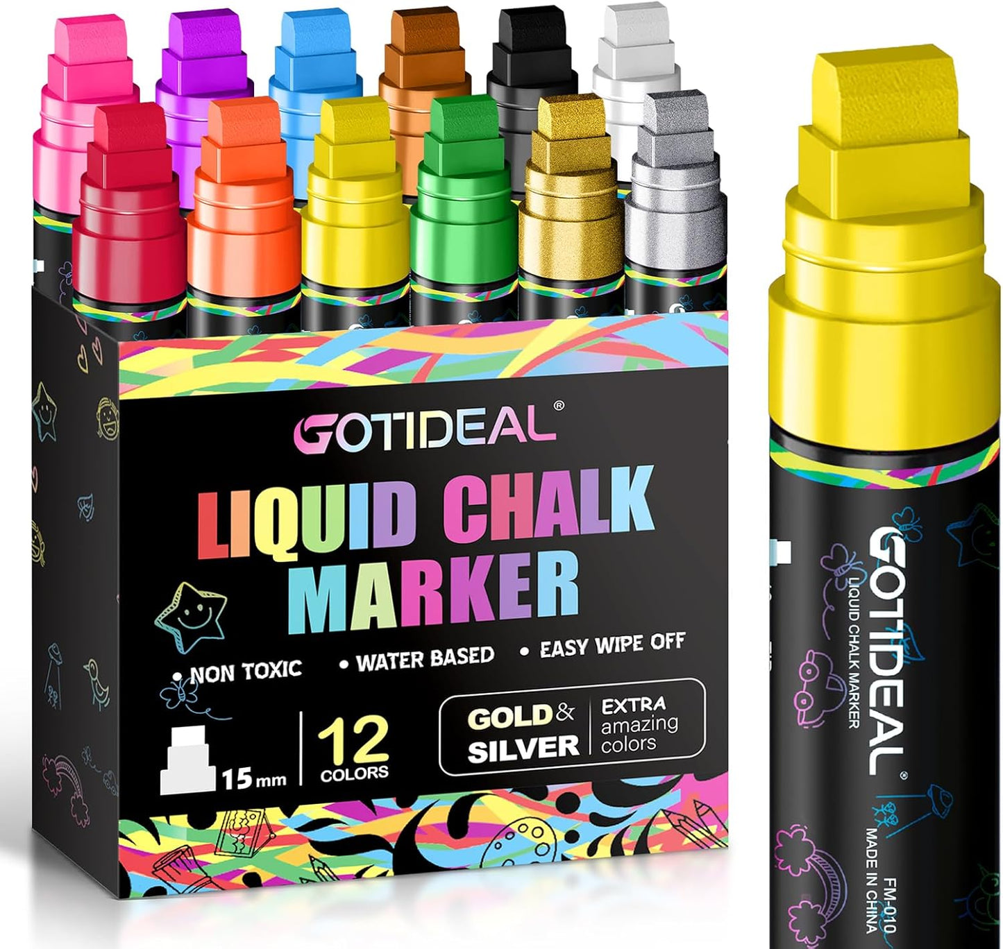 GOTIDEAL Window Markers, Jumbo Chalk Markers for Blackboard Erasable,Washable Car markers for Auto,Chalkboard,Glass,Mirrow,Calendar,Thick Tip12 Colors Car Paint Pens With Metallic Colors(15mm)